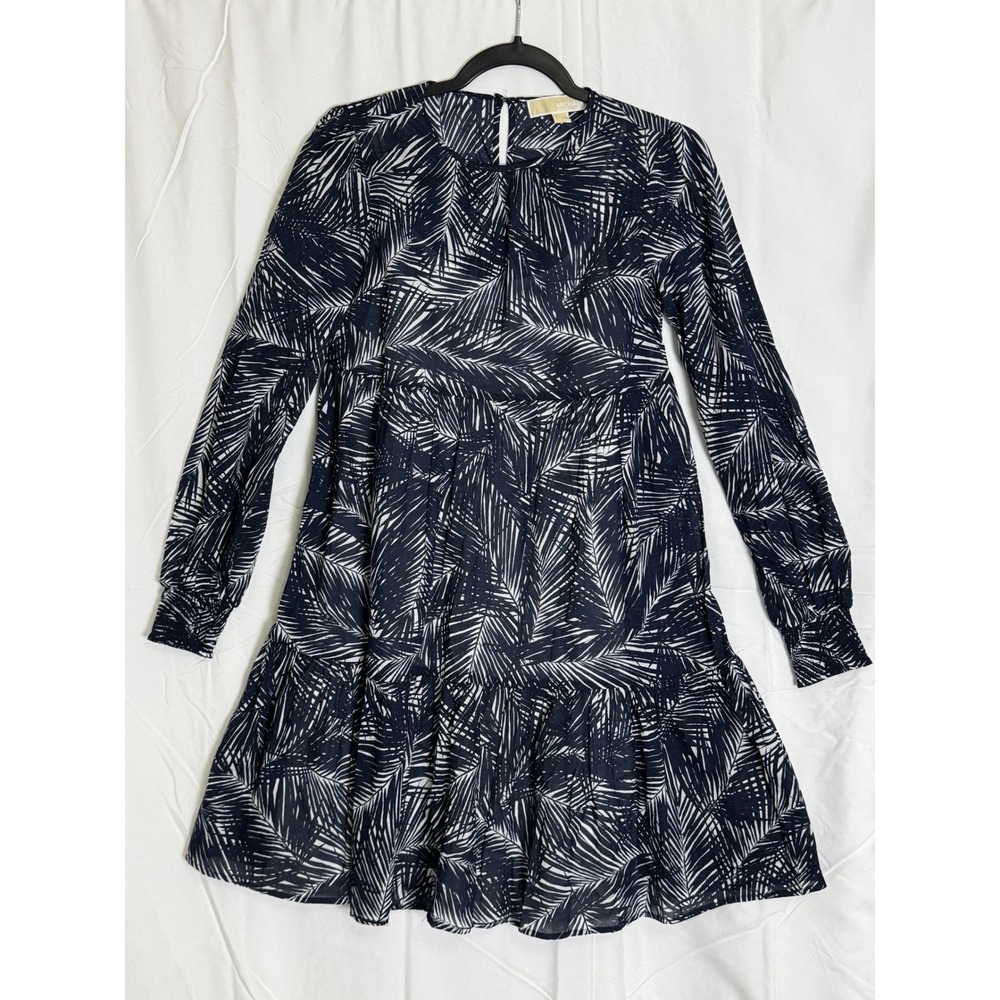 Michael Kors Navy White Palm Leaf‎ Print Tiered Long Sleeve Dress XS